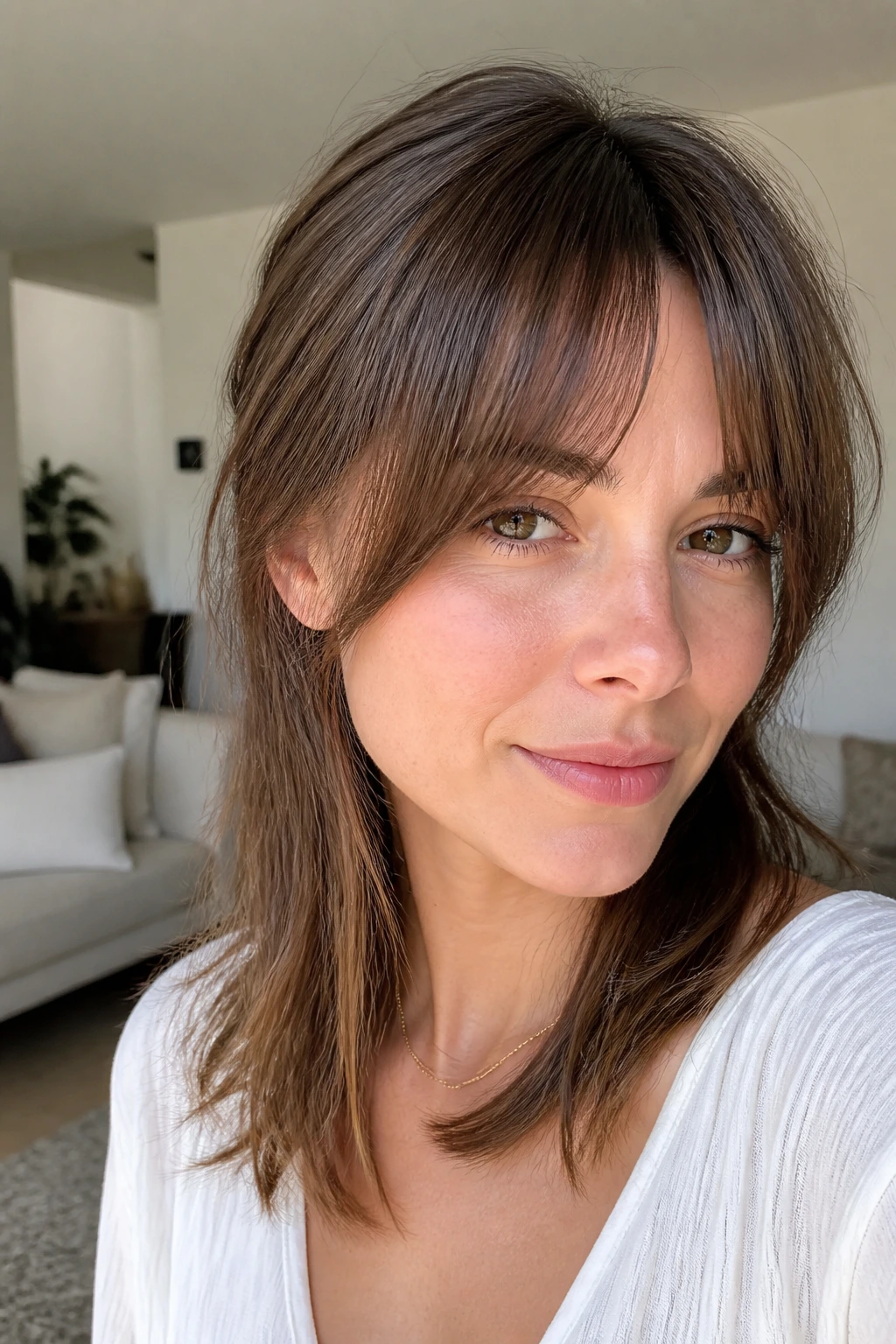 Close-up of a real woman with tapered fringe thinning toward the temples