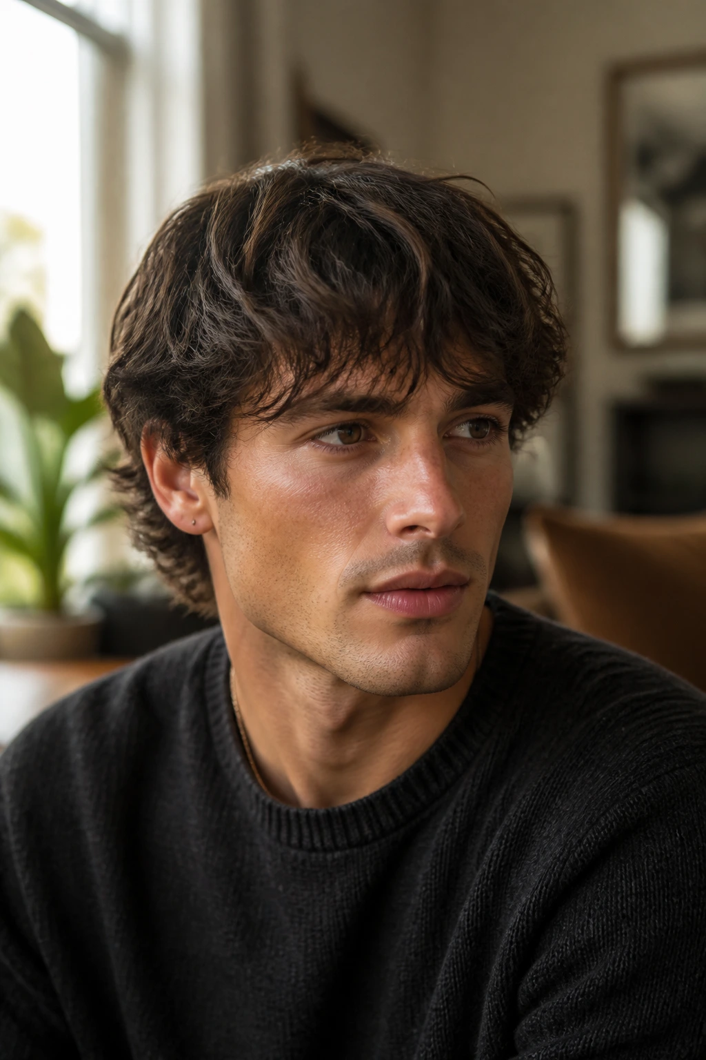 Close-up of a man with tapered fringe and piecey ends on medium-length waves.