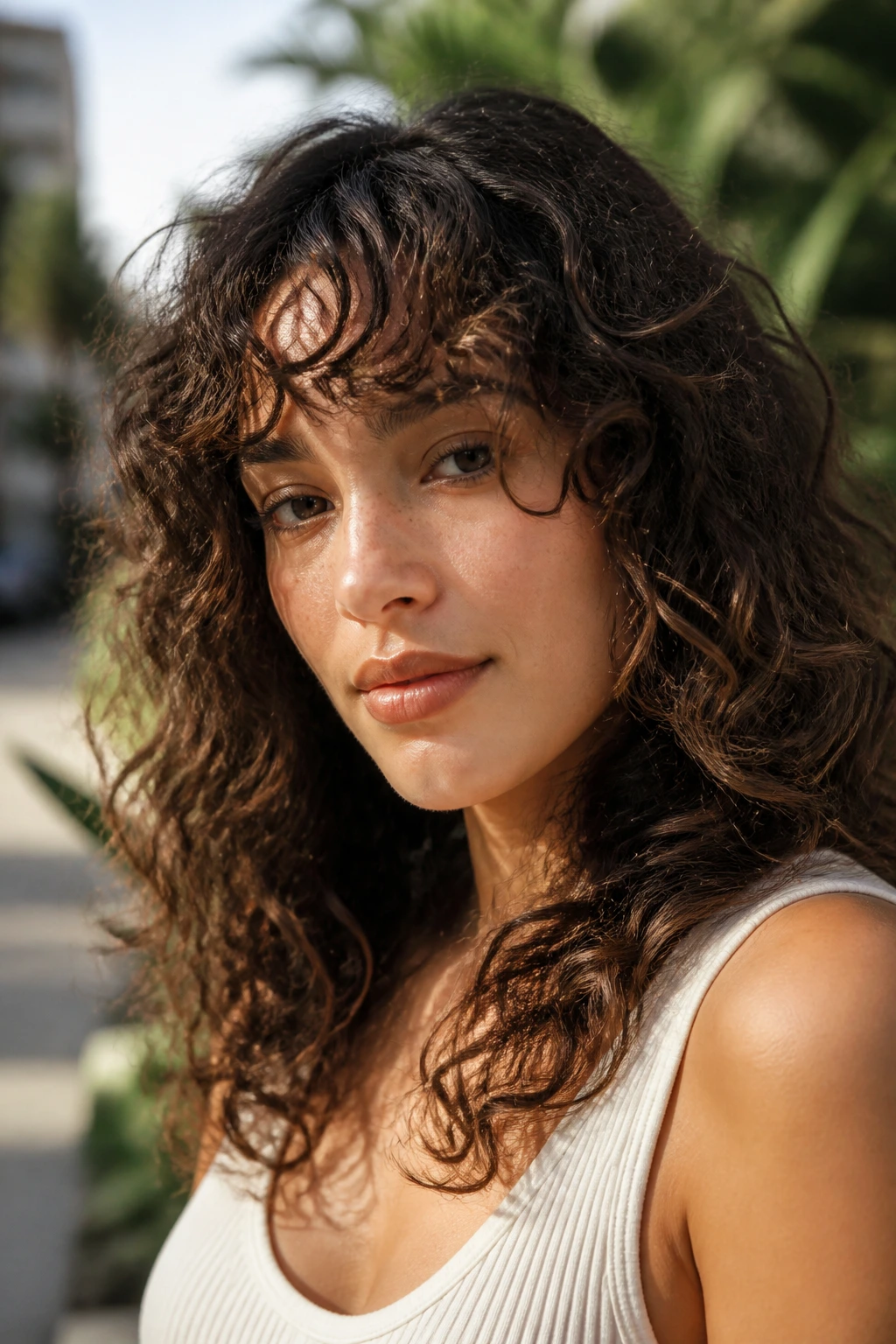 Close-up portrait of a real woman with tapered fringe on wavy and curly hair.