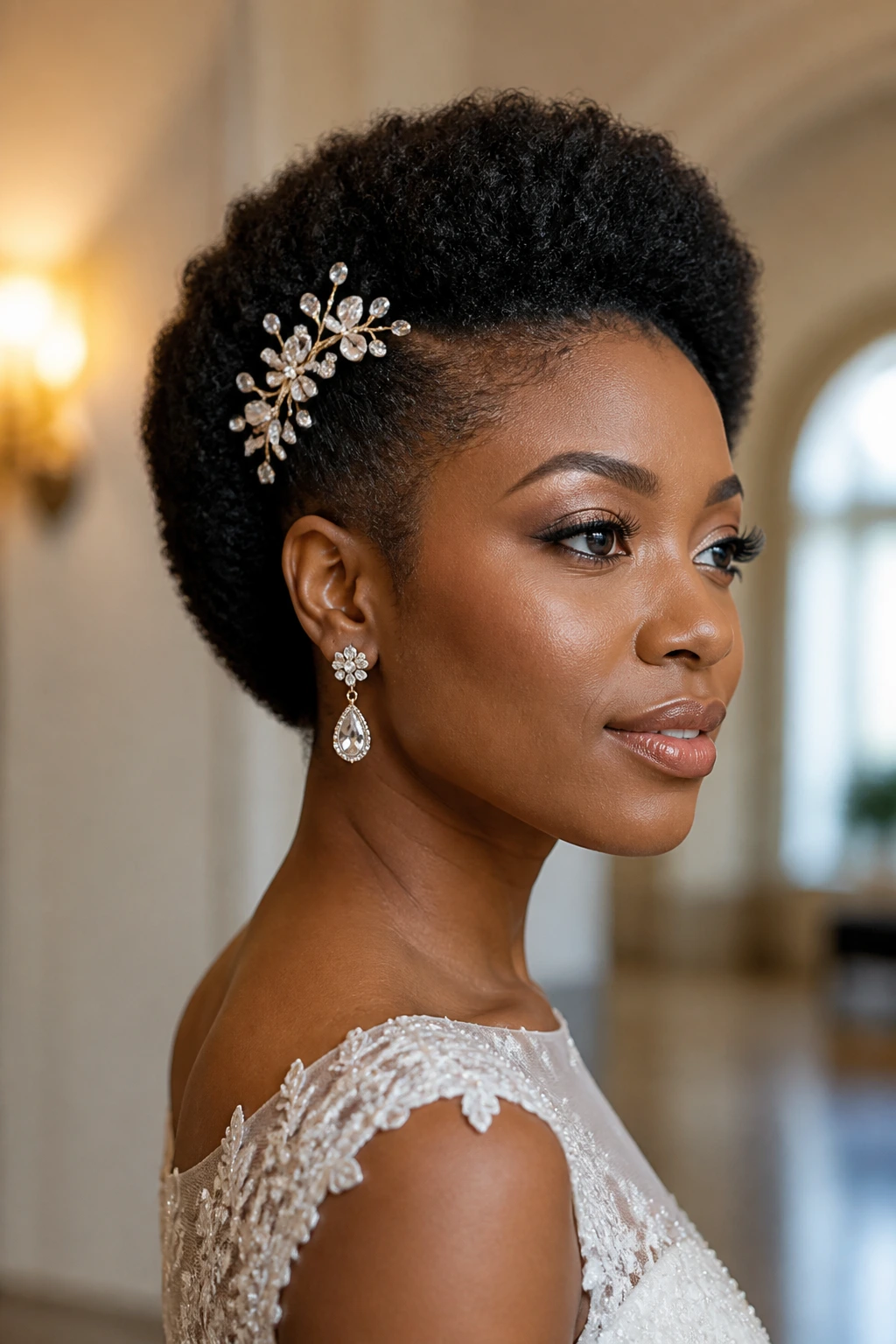 Close-up of a real bride with a tapered fro and decorative pins