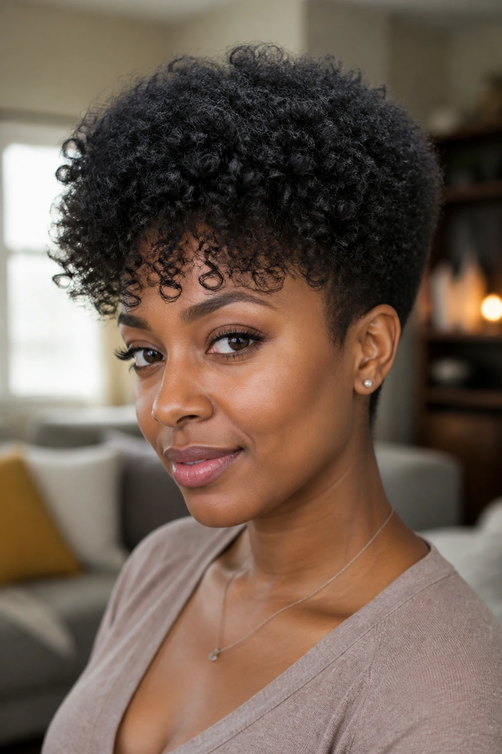 Close-up of a real Black woman with a tapered fro and curly fringe framing the face.
