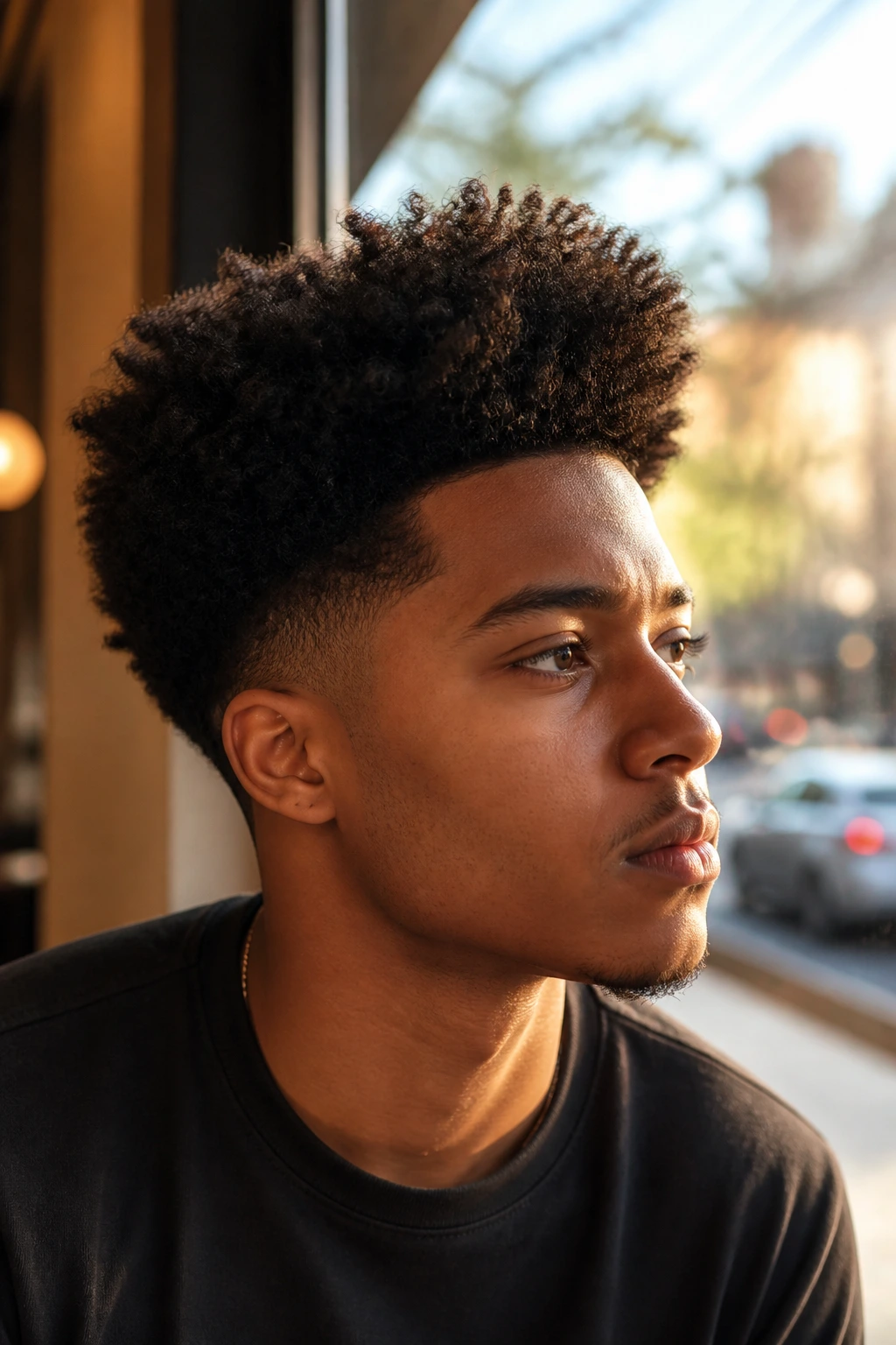 Close-up portrait of a real person with a tapered fro and long top under cafe window light