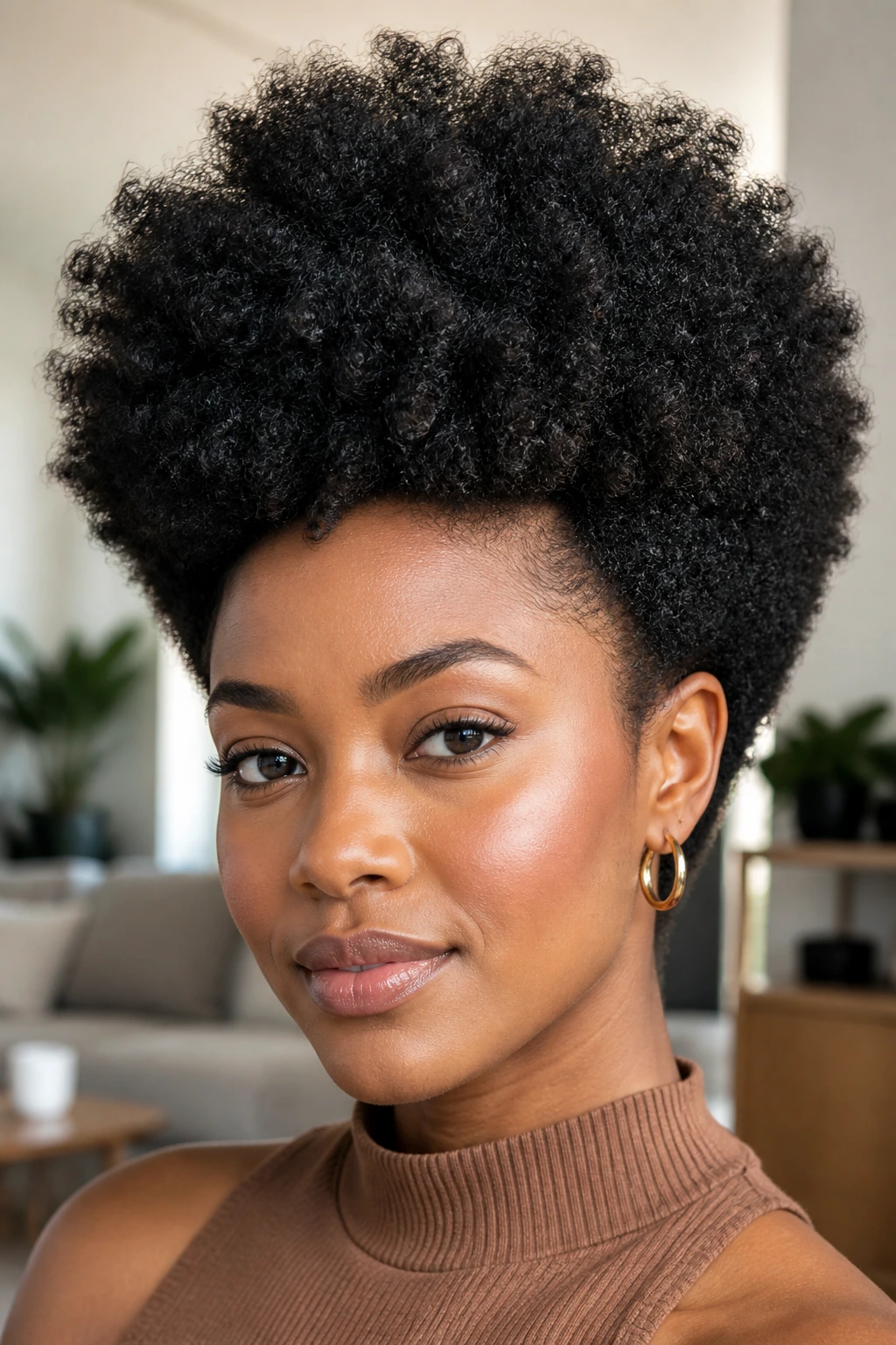 Close-up of a real woman with a tapered afro and picked volume