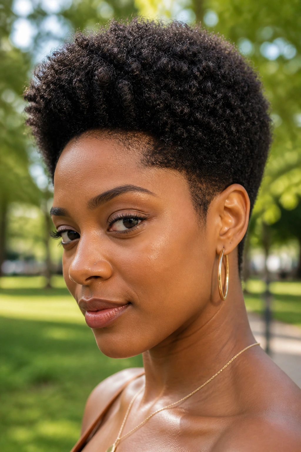 Close-up of a Black woman with a tapered fro and soft temple shaping outdoors
