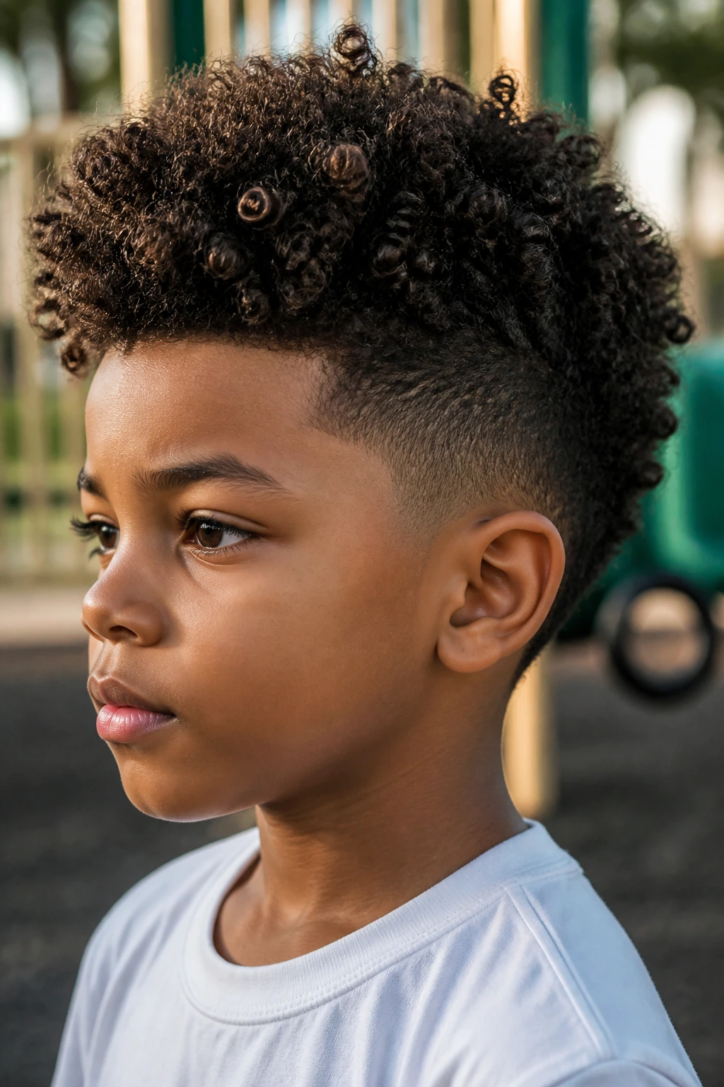 Close-up of a child with a tapered frohawk hairstyle showing a central ridge and tapered sides.