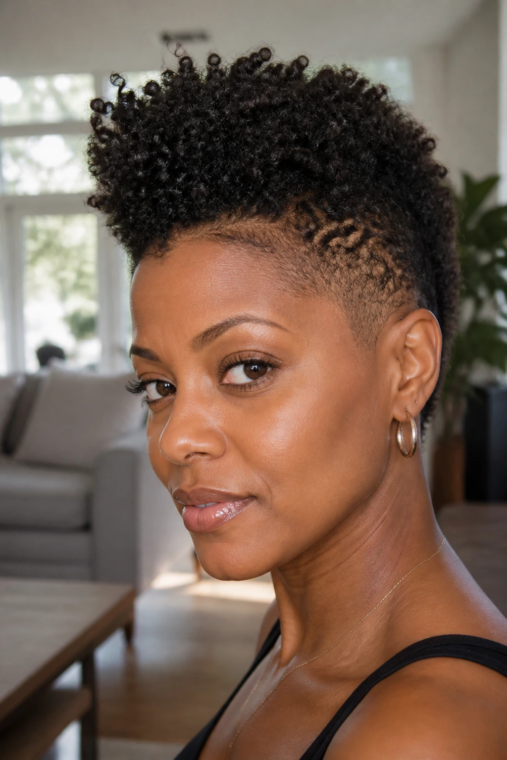 Portrait of a real Black woman with a tapered frohawk and defined coils, natural light