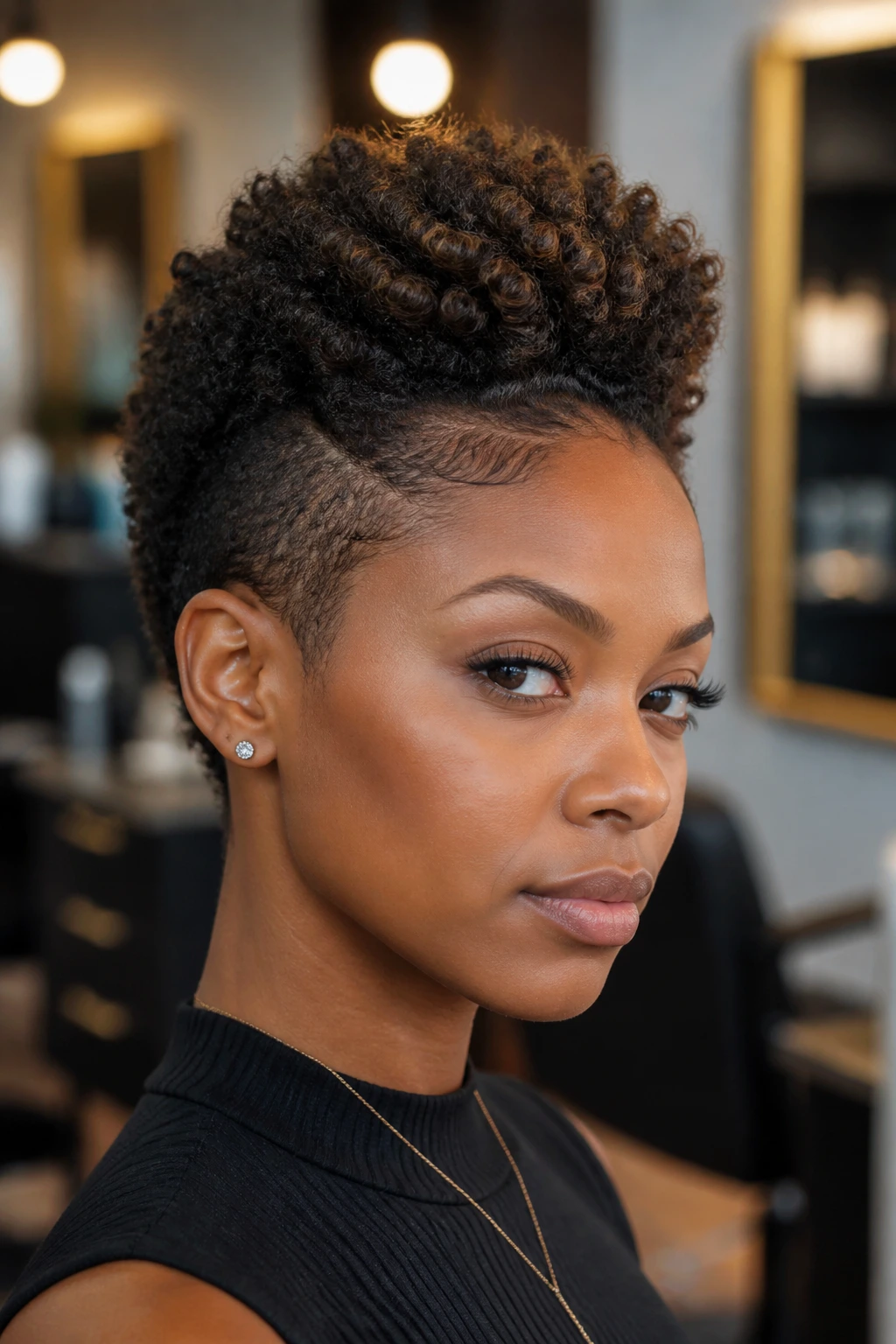 Close-up of a person with a tapered frohawk and defined curls
