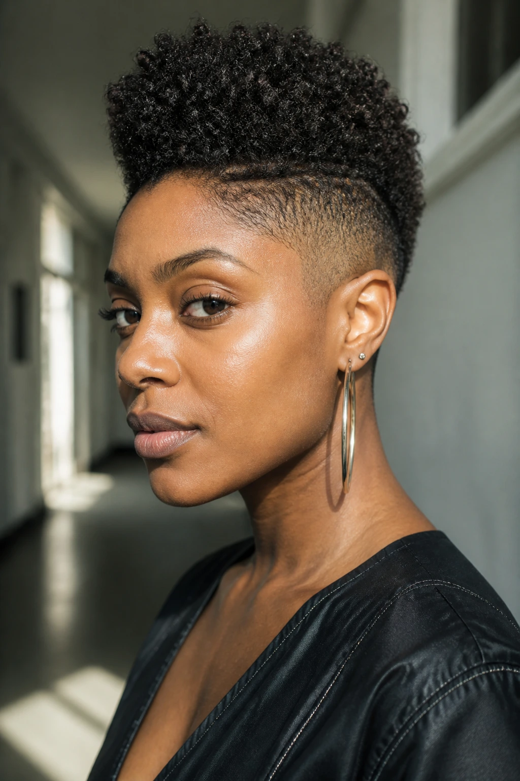 Close-up of a real Black woman with tapered cut frohawk in daylight