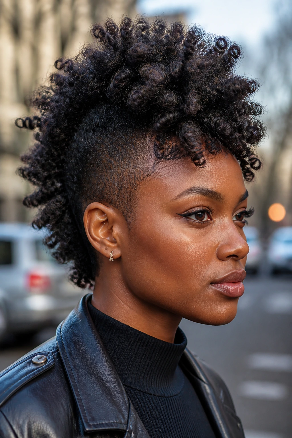 Close-up of a person with a tapered frohawk shag showing center volume and tapered sides.