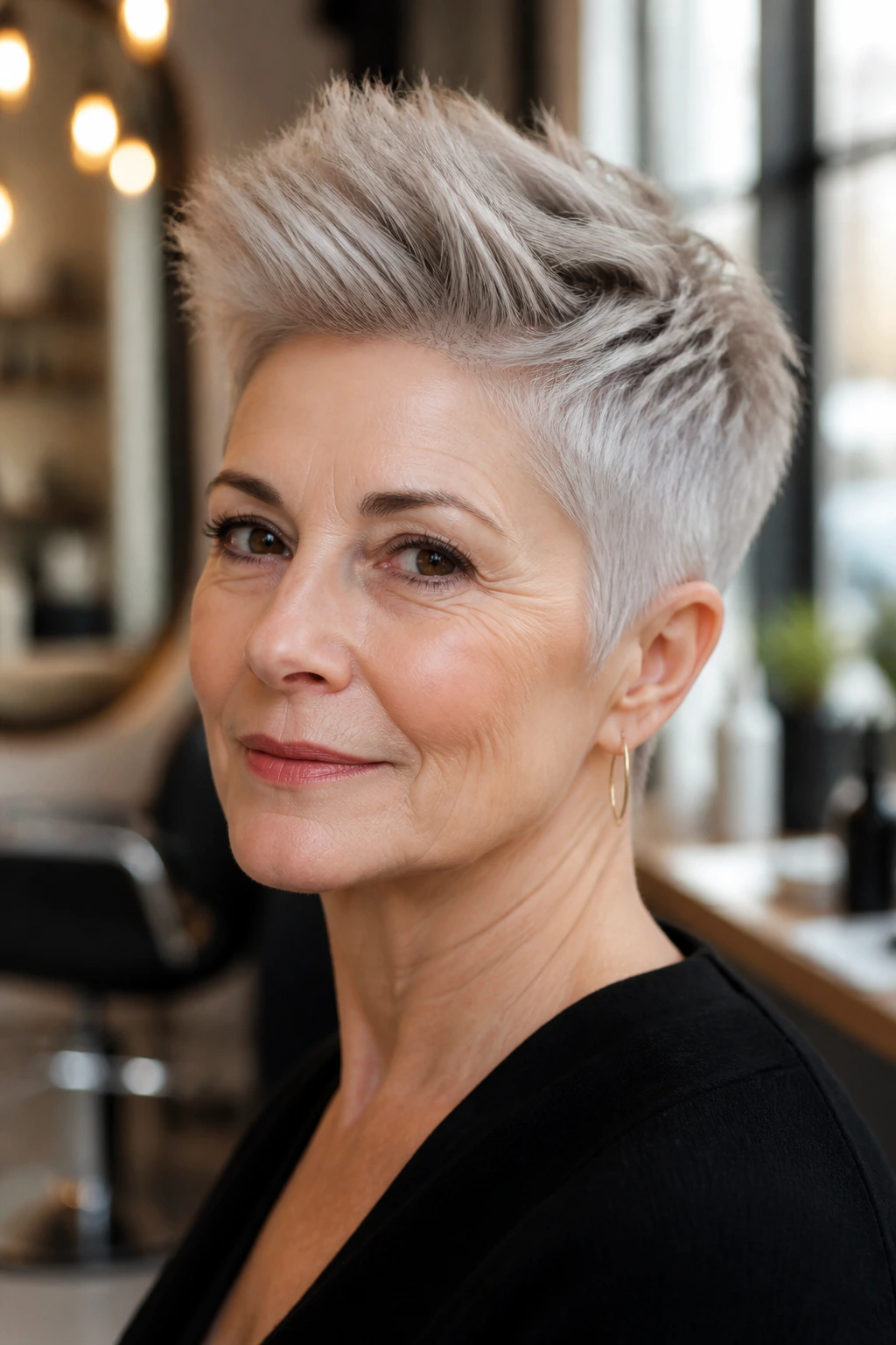 Close-up portrait of a real woman with a tapered cut at the front
