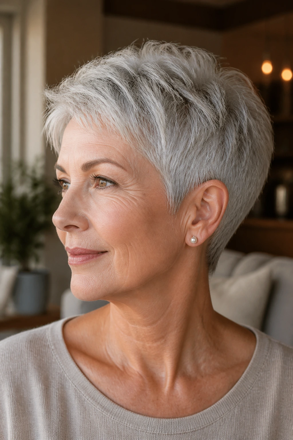 Close-up of a gray-haired woman with a tapered cut in warm light