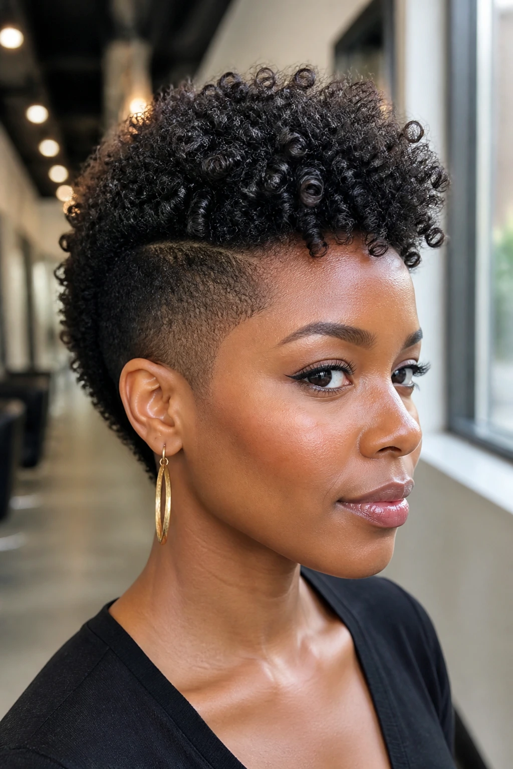 Real Black woman with tapered halo curly mohawk; sides faded, halo curls