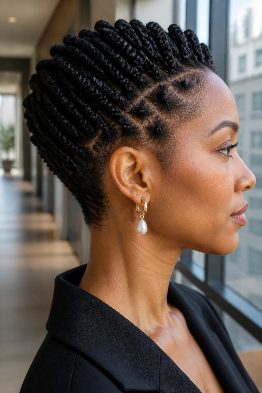 Close-up portrait of a real person with tapered Havana twists in a stylish interior