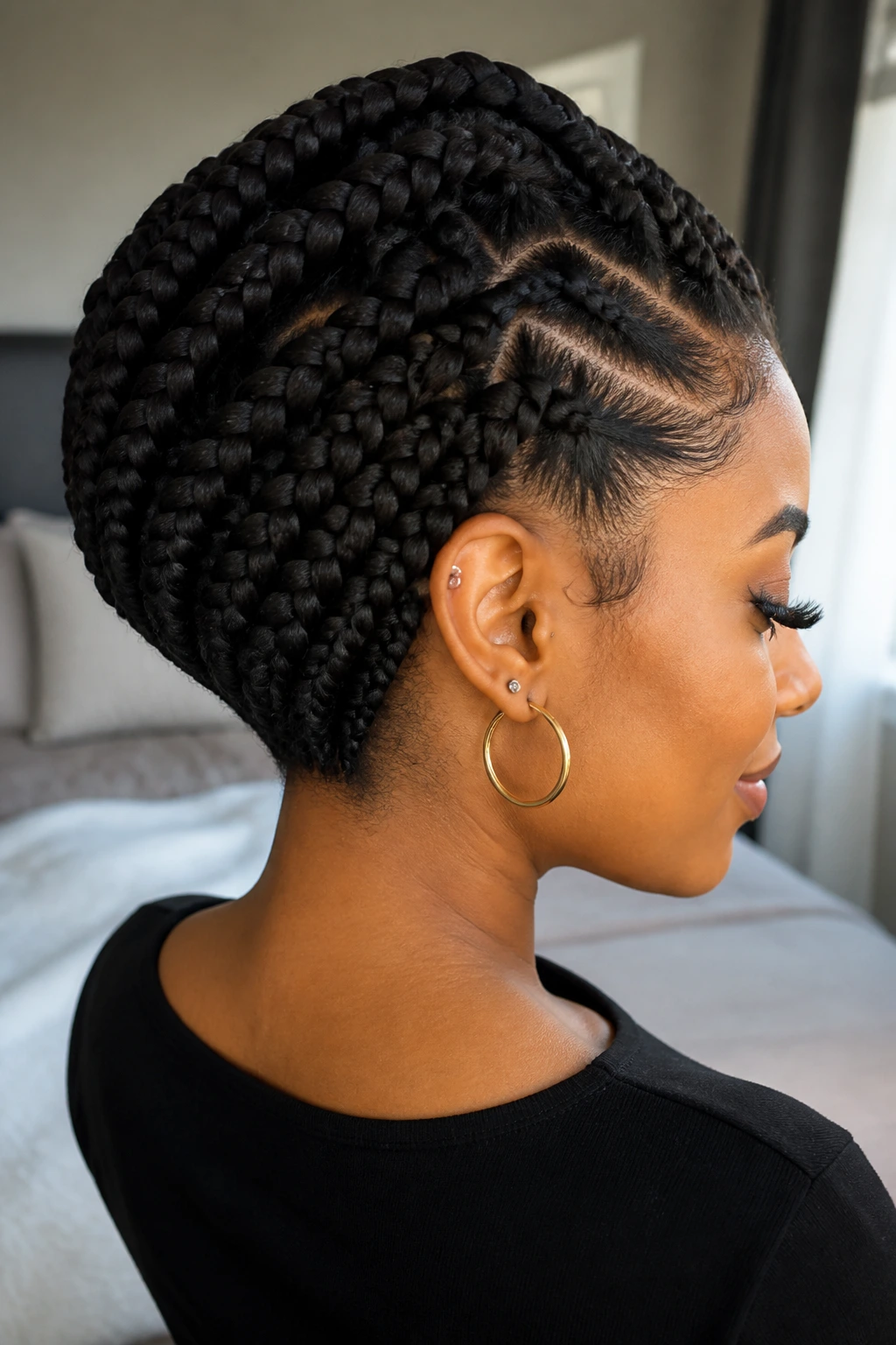 Close-up portrait of a Black woman with tapered jumbo box braids at the nape