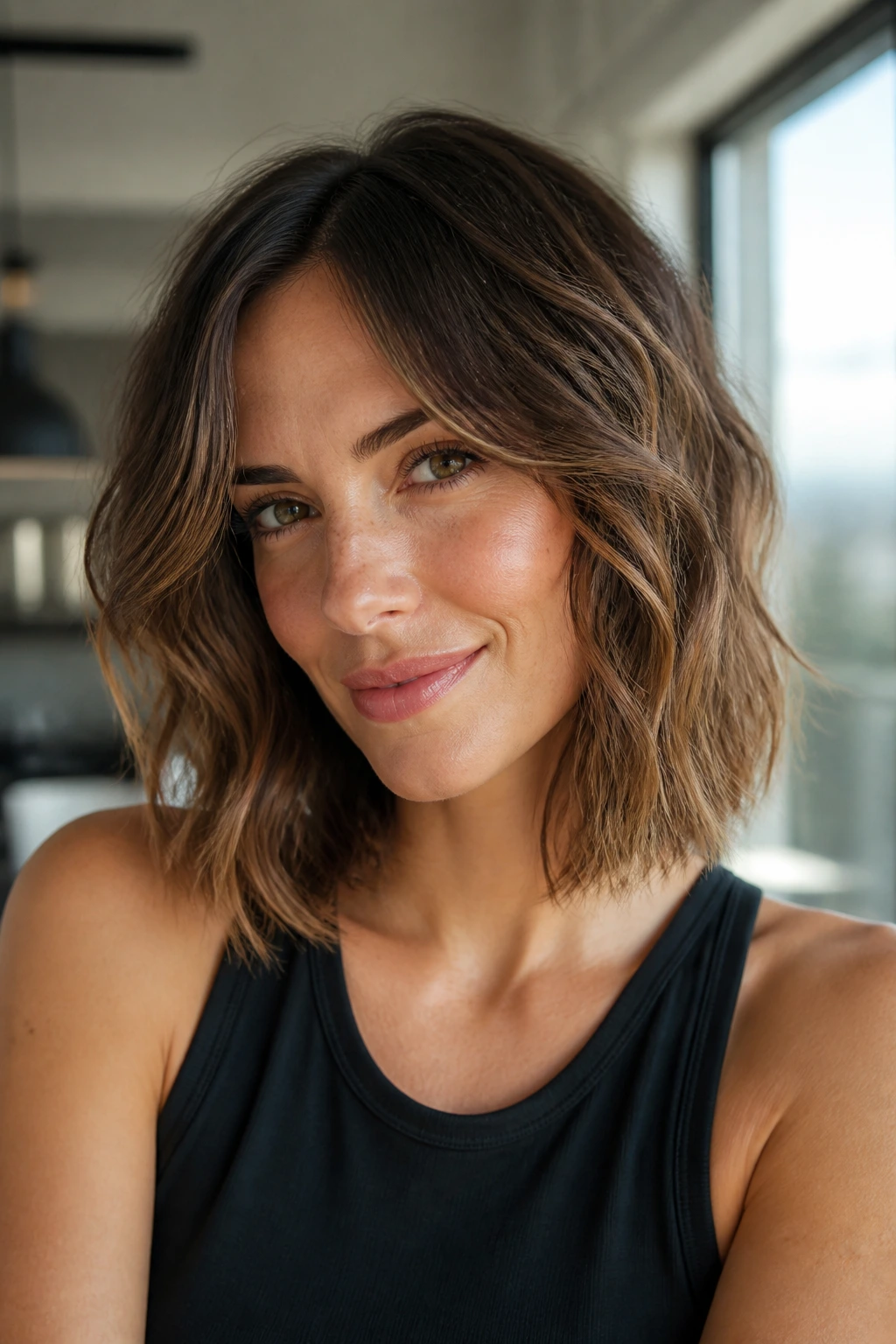 Close-up portrait of a real woman with a tapered layered lob in a sunlit modern apartment.
