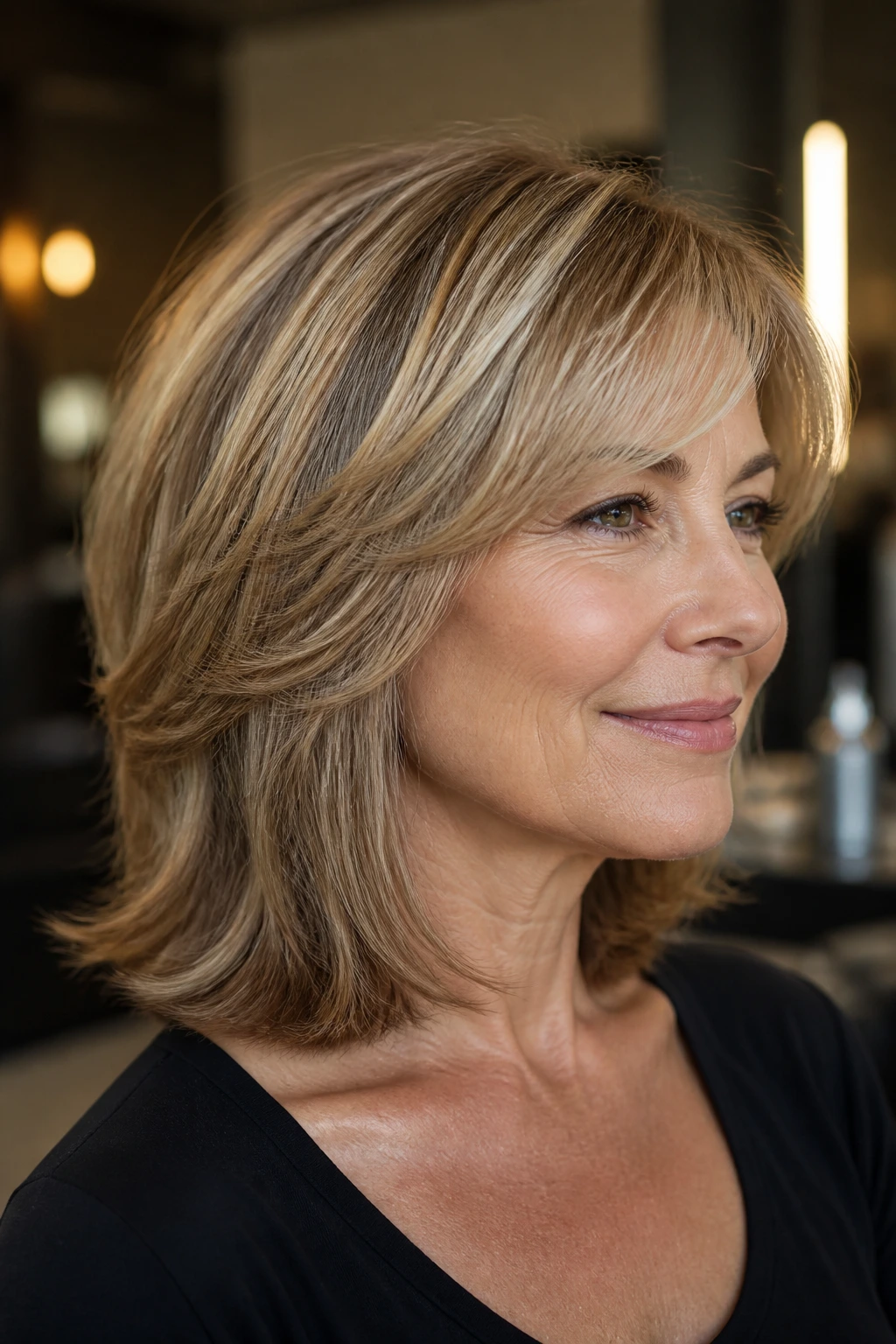 Portrait of a real woman with tapered layers reducing bulk in a salon setting