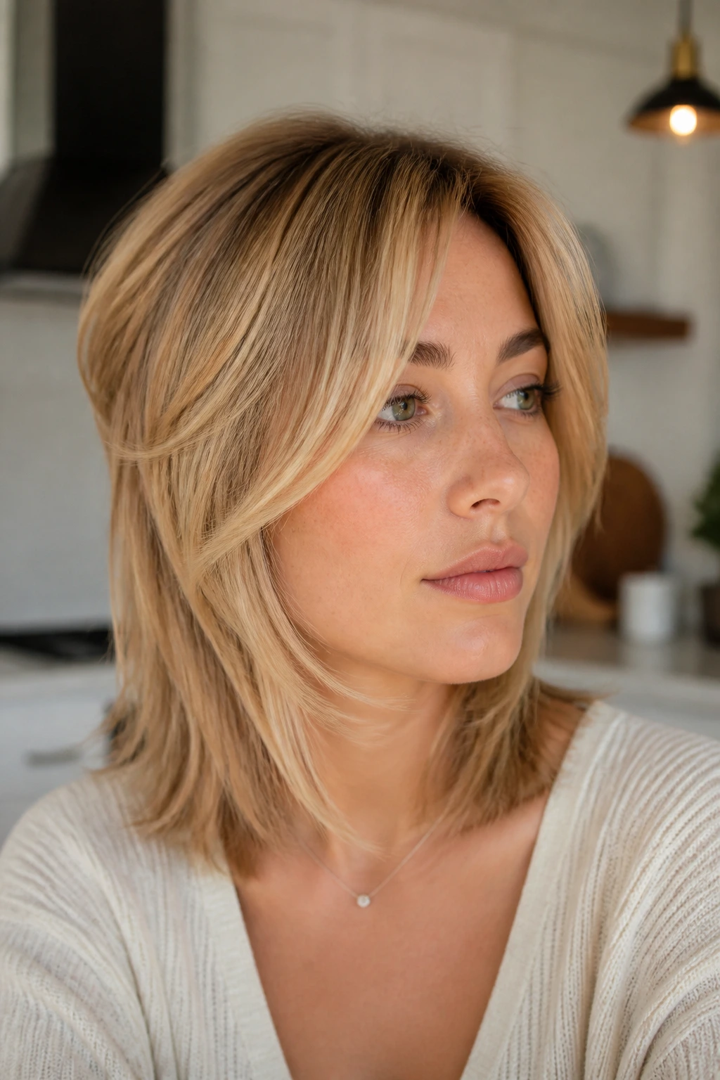 Close-up of a real woman with tapered front layers for fine hair