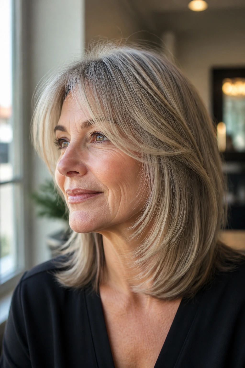 Close-up portrait of a real woman with tapered layers for fine hair showing crown lift