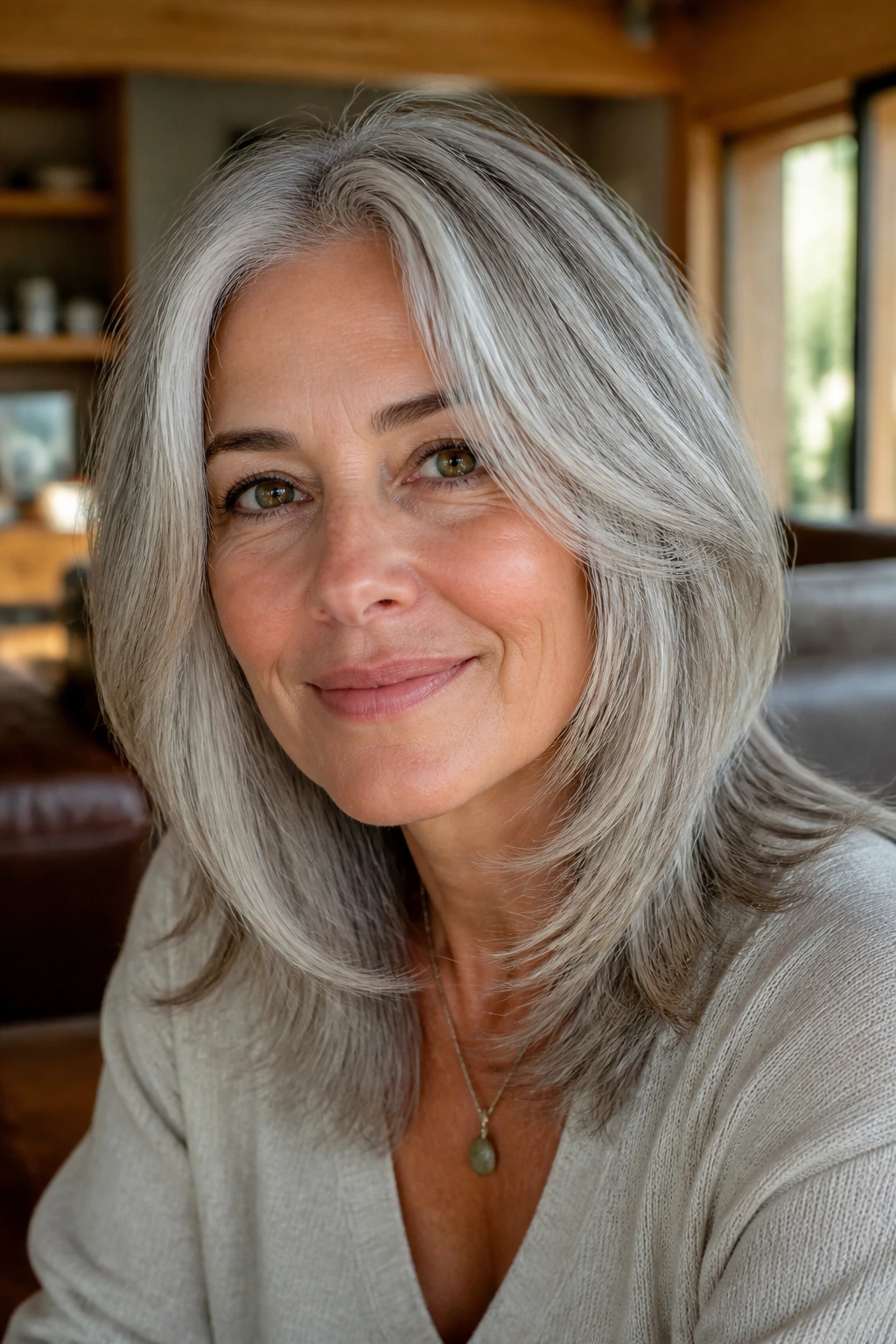 Close-up of a real woman with gray hair styled in tapered face-framing layers around the chin