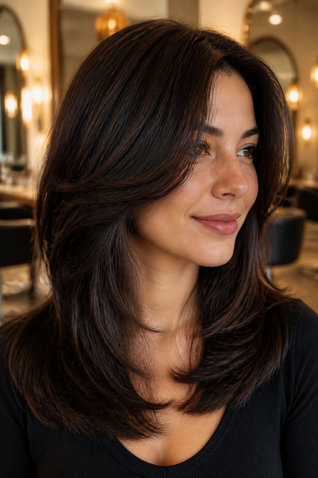 Close-up of face-framing tapered layers on dark hair in a modern salon.