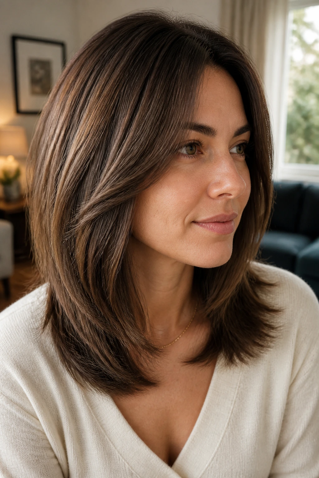 Close-up of shoulder-length hair with tapered layers narrowing the outline on a real person