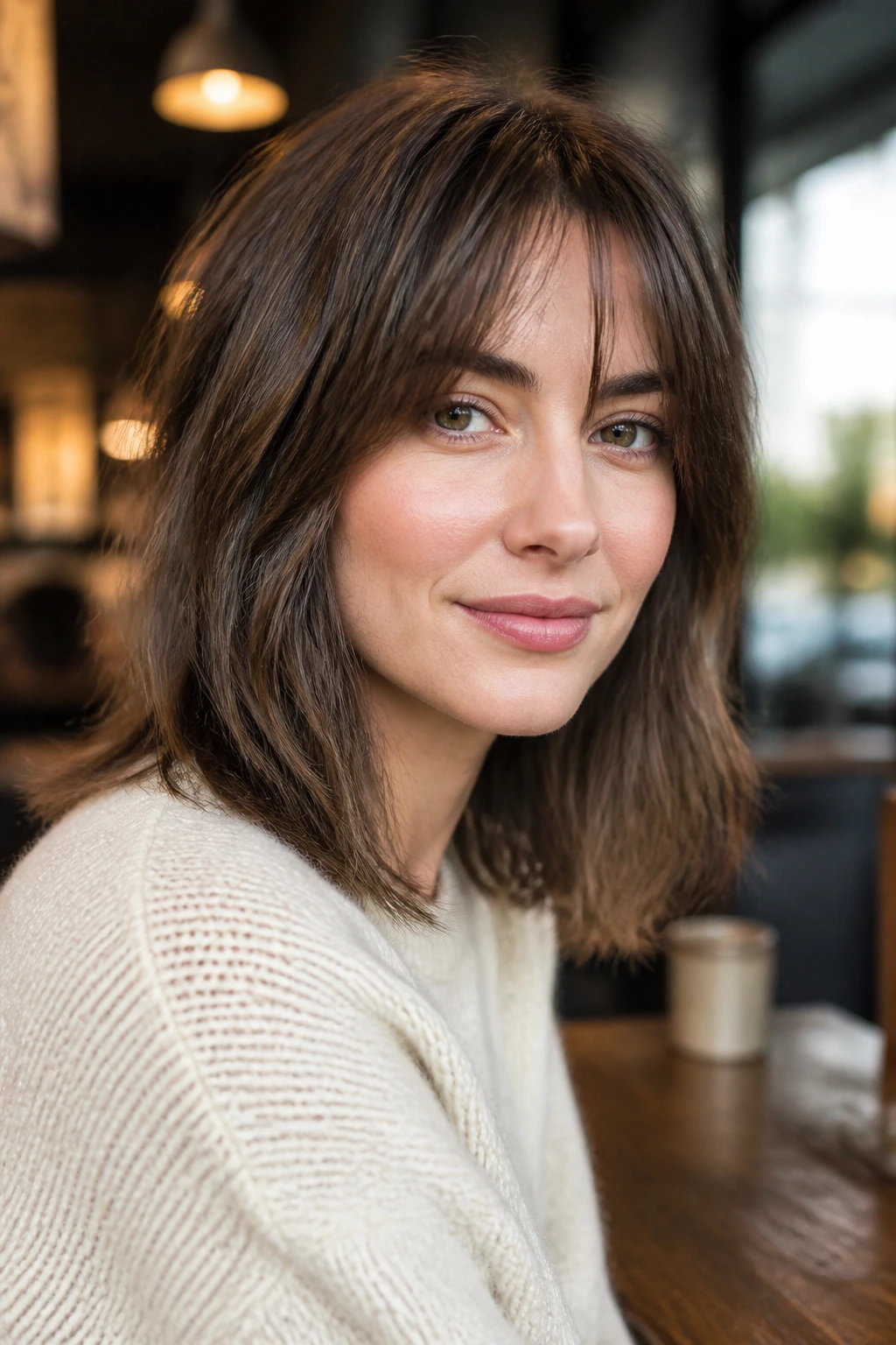 Portrait of a real person with Tapered Lob Shag with Wispy Ends