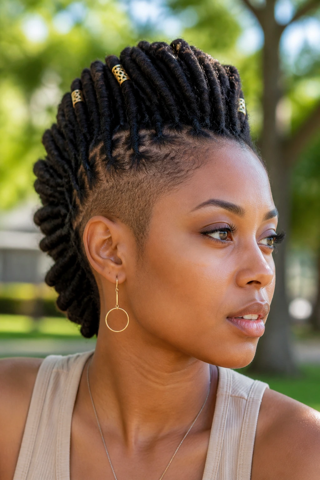 Close-up of a real person with tapered loc mohawk and beads