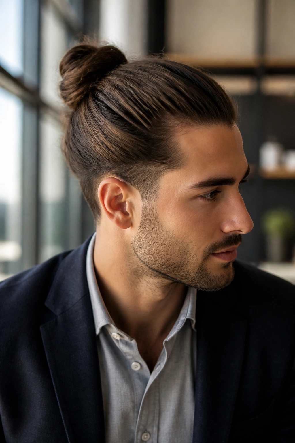 Man with tapered sides and compact bun close-up portrait