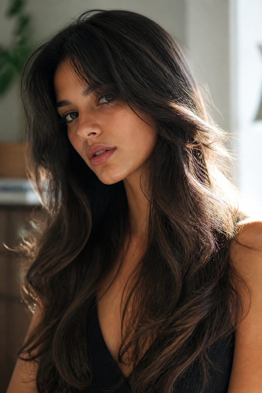 Portrait of a real person with tapered mermaid layers in long hair