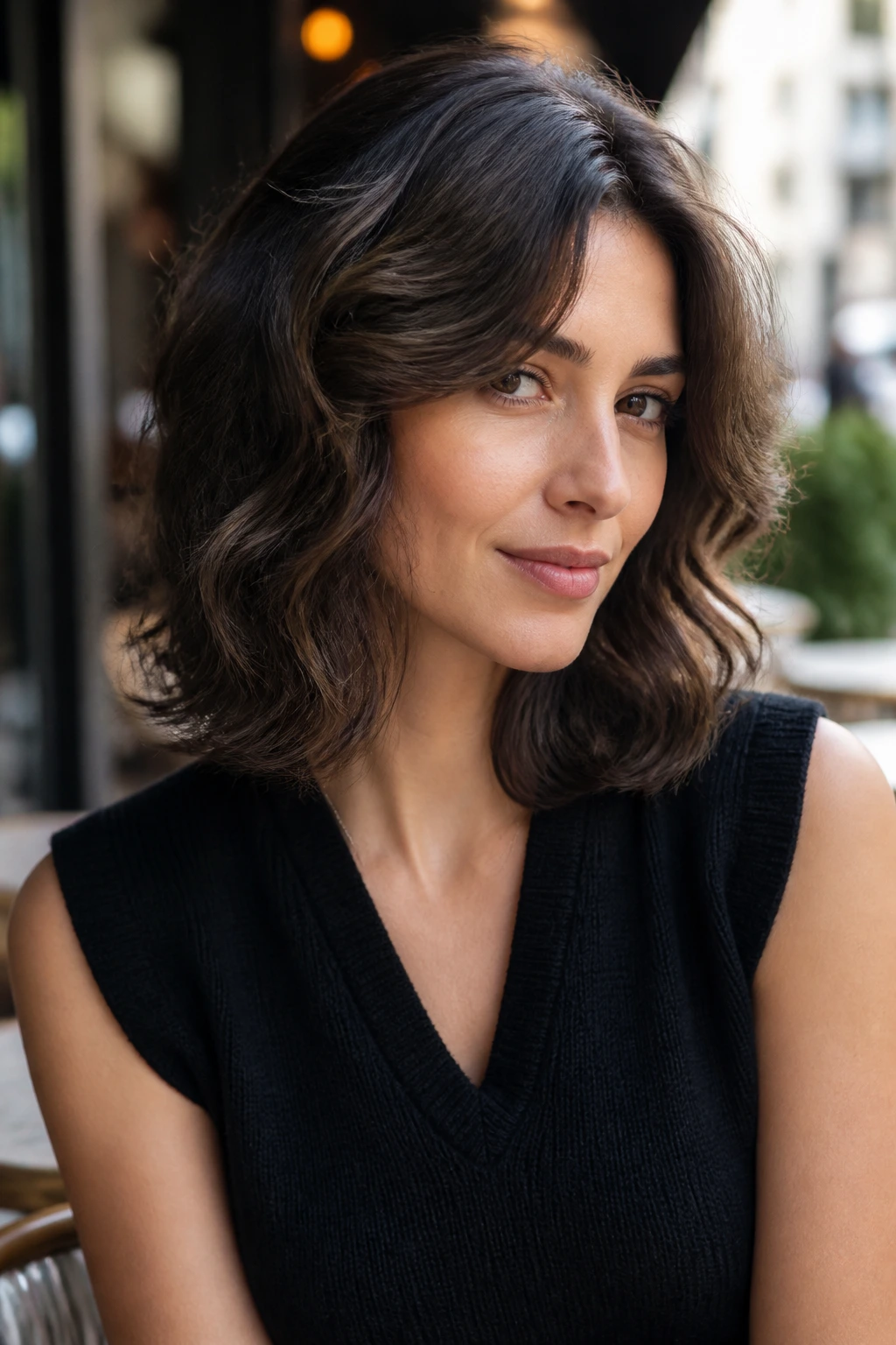 Real person with a tapered midi cut, outer perimeter longer, in outdoor cafe light.