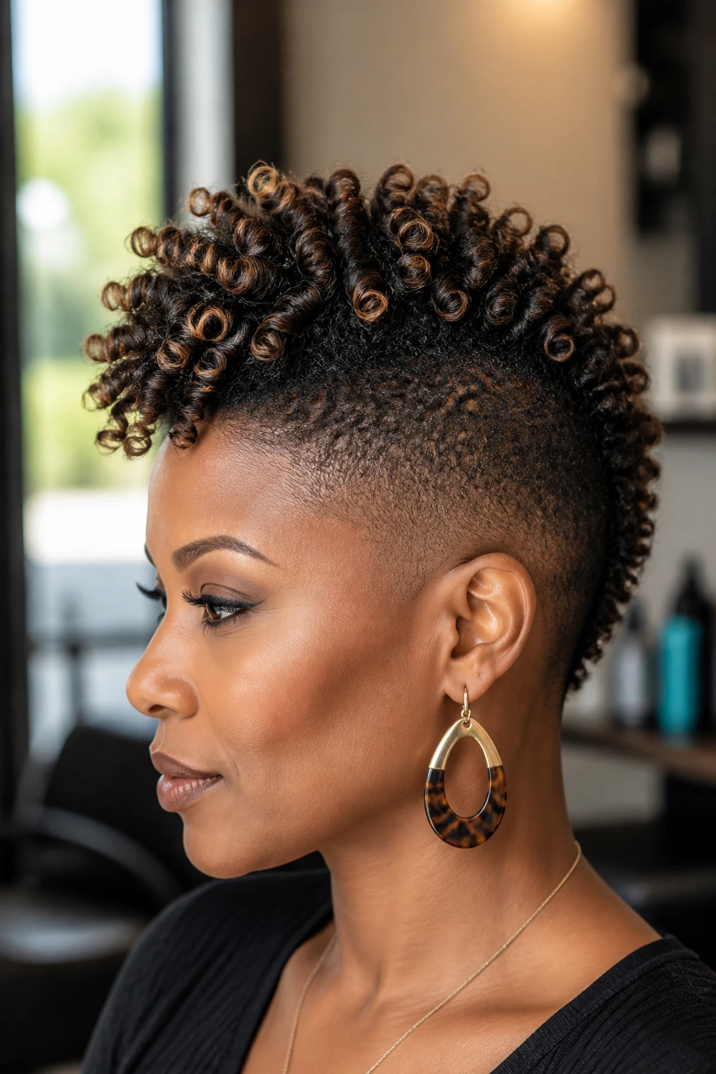 Close-up portrait of a Black woman with a tapered mohawk and finger coils under warm window light