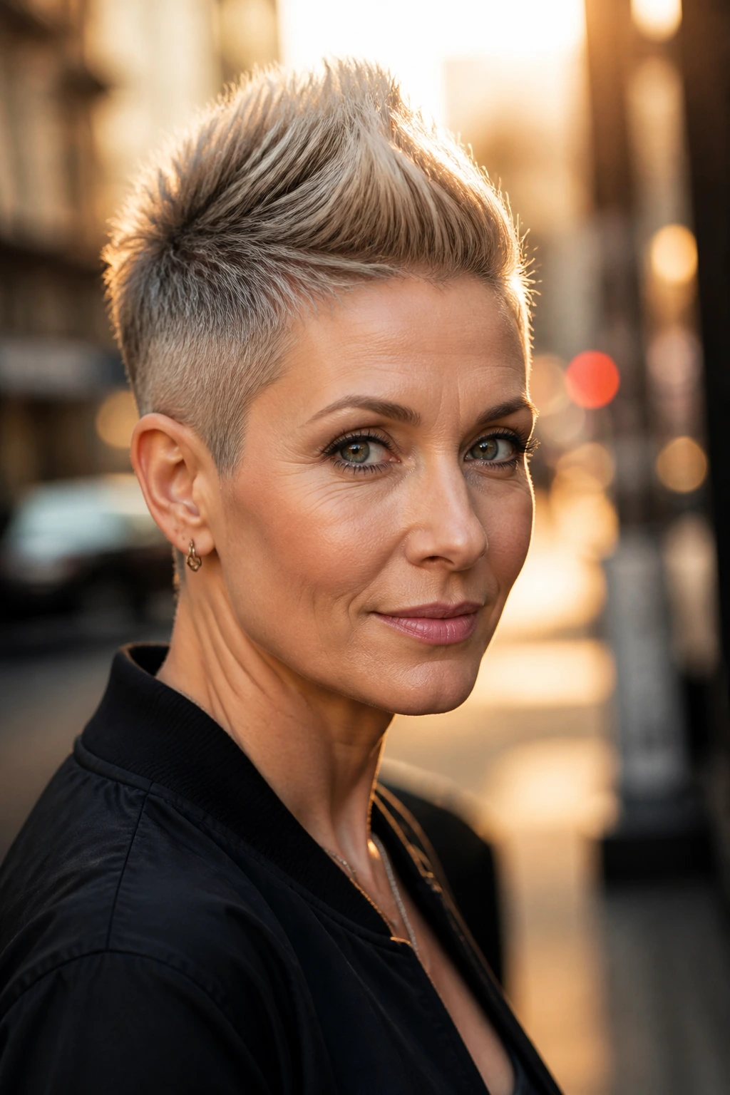 Close-up portrait of a real person with a tapered mohawk pixie on an urban street