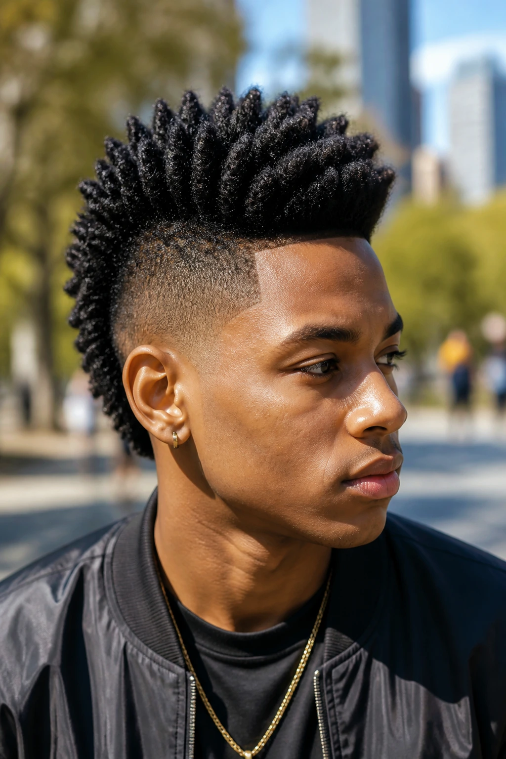 Portrait of a real person with a tapered Mohawk and sponge-defined coils