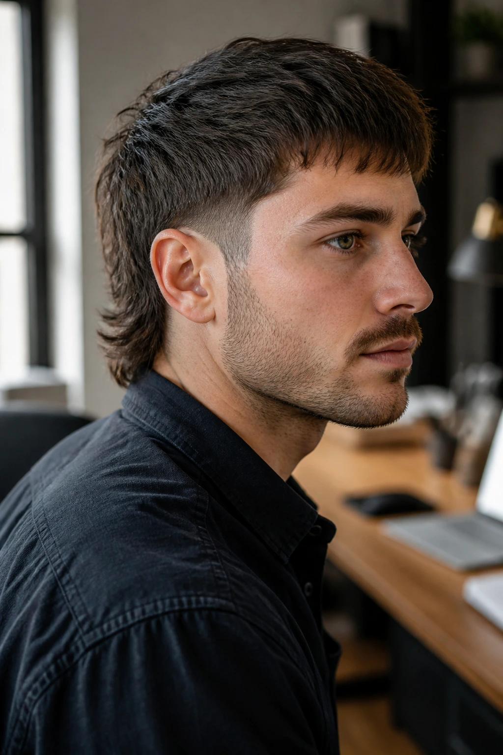 Close-up portrait of a real person with a neatly tapered mullet in an office setting.