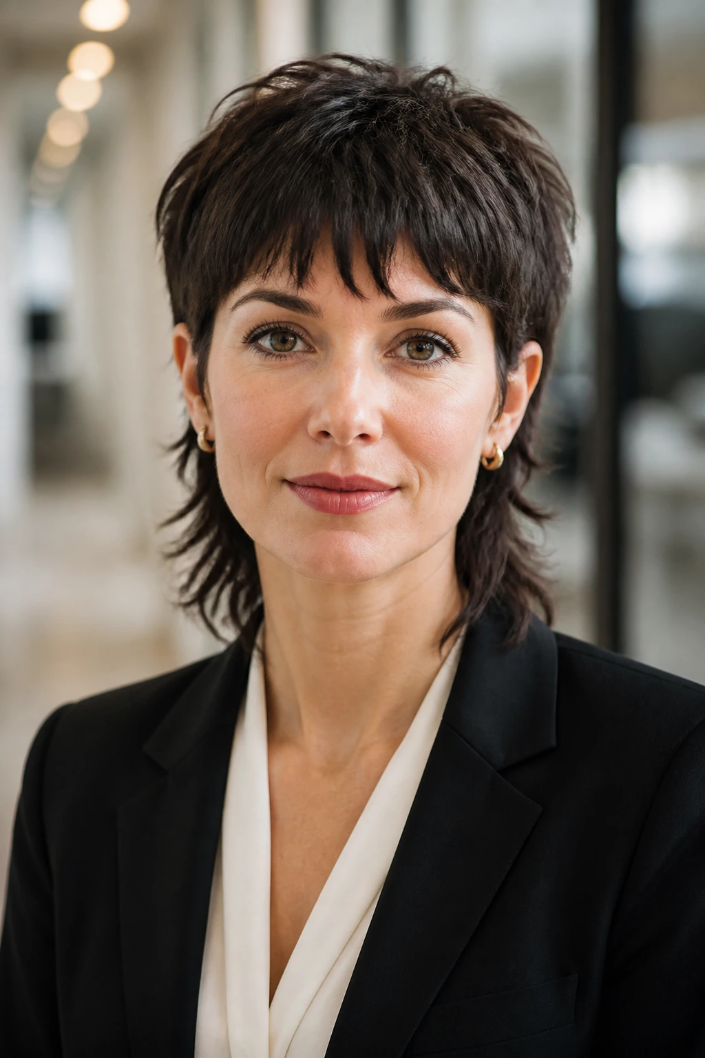 Close-up portrait of a real woman with tapered mullet in an office setting
