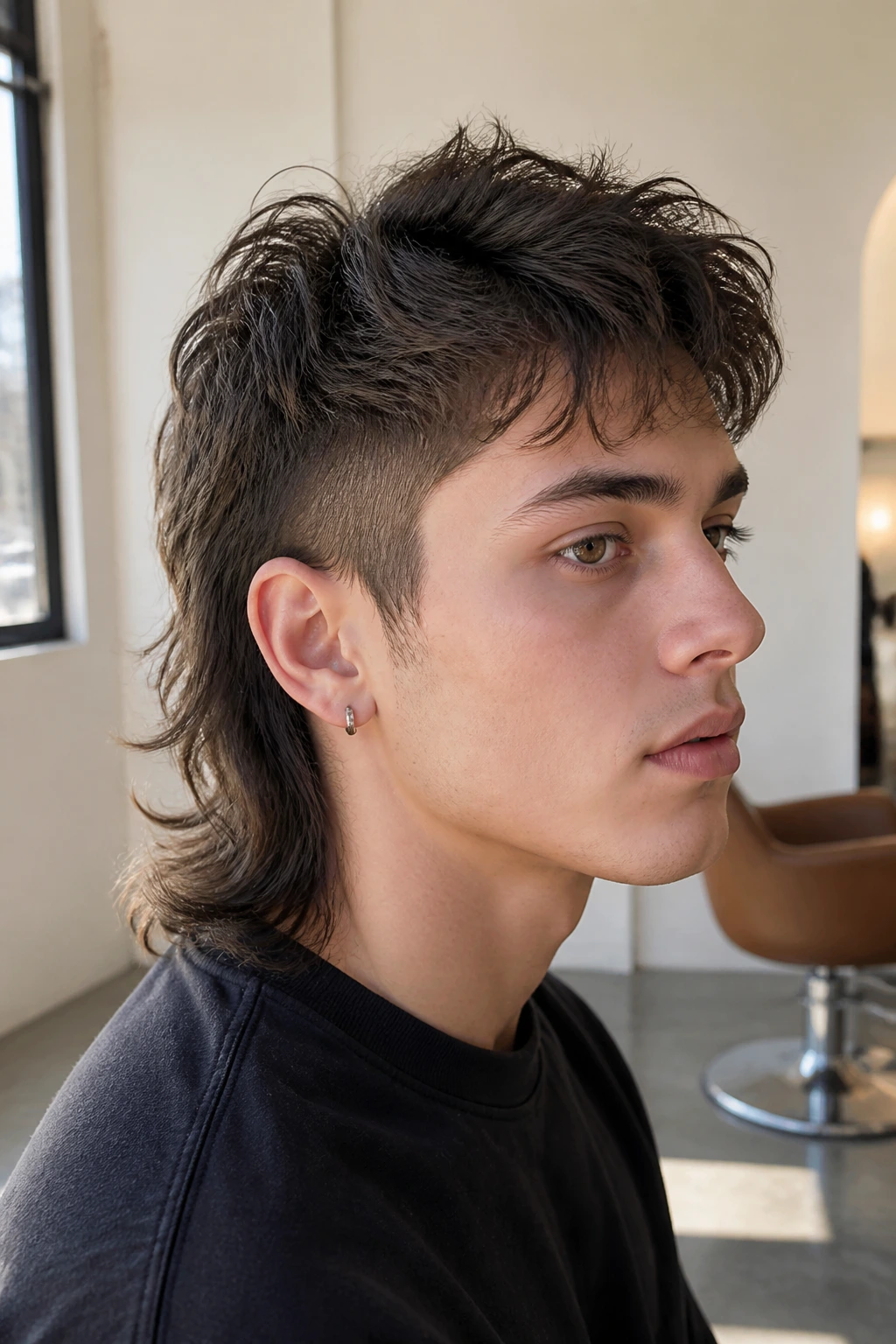 Close-up portrait of a real person with a tapered volume shoulder-length mullet in a sunlit salon