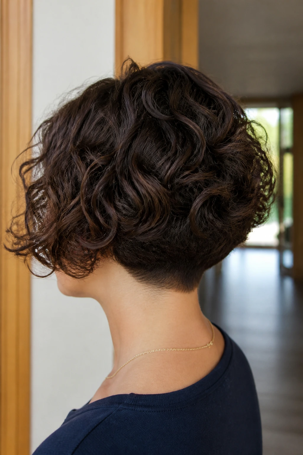 Back-of-head portrait showing a tapered nape bob on a real woman in a hallway.