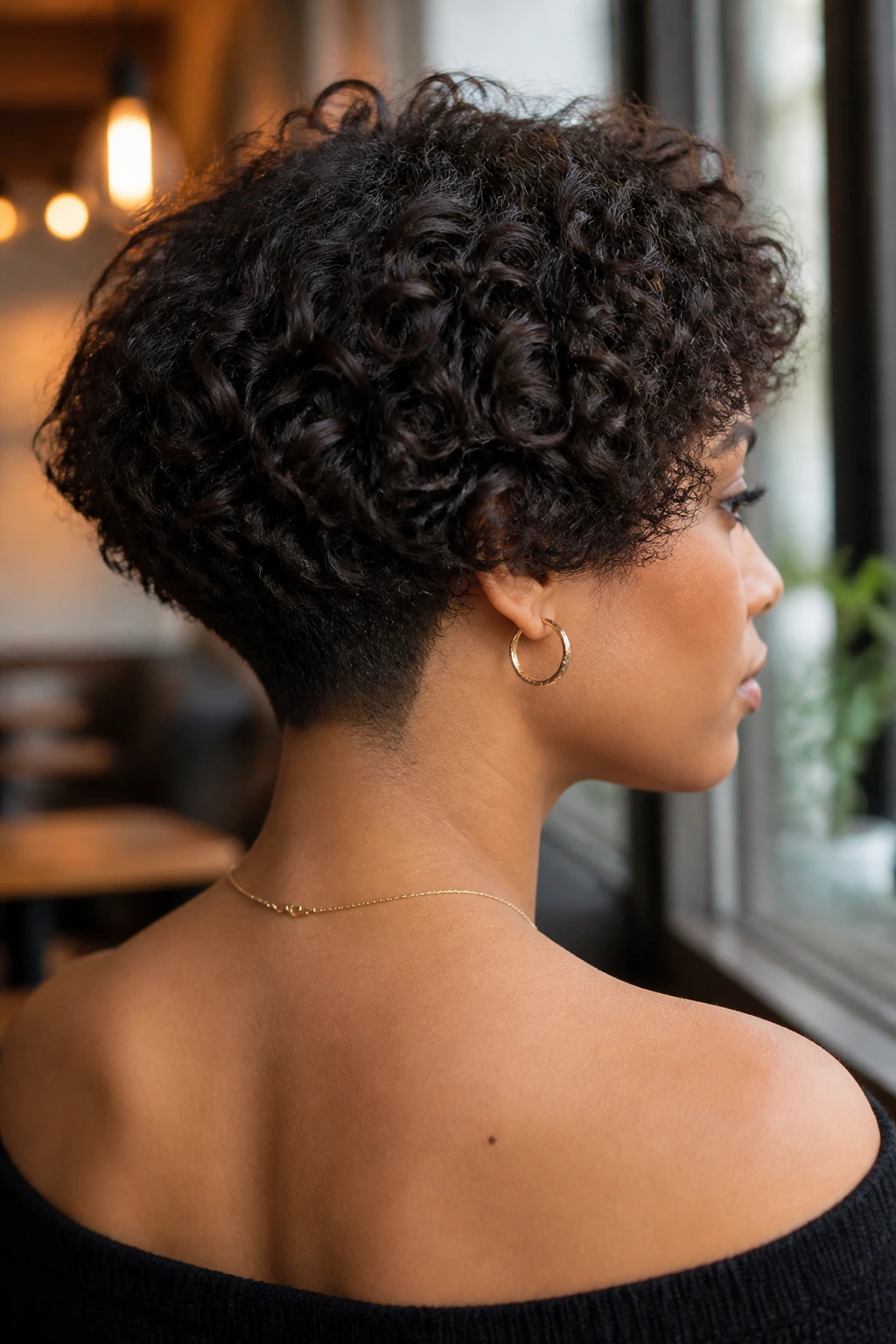 Close-up of a real woman with a tapered nape bob and clean neck line in warm indoor light