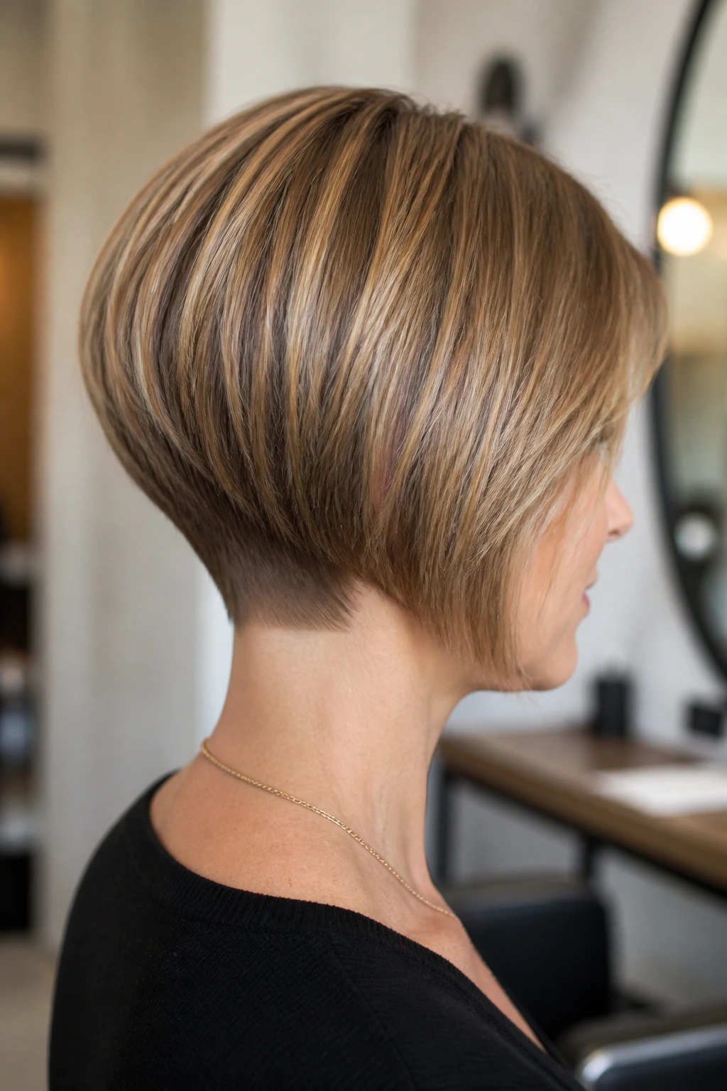 Close-up portrait of a real woman with a tapered nape bob in a chic salon.