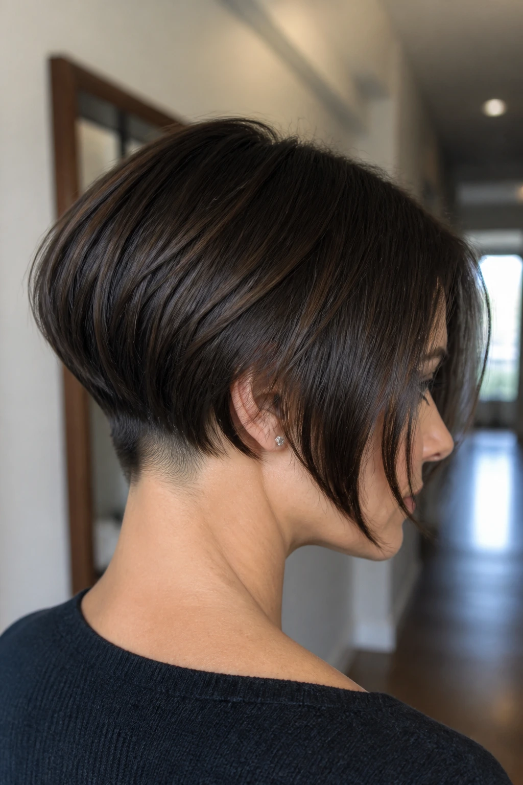 Close-up portrait of Tapered Nape Bob hairstyle on a real woman showing a crisp nape taper.