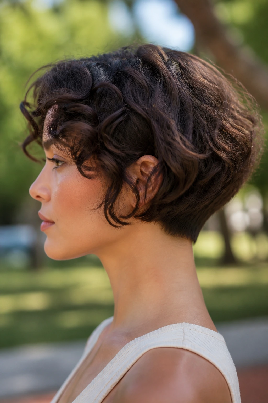 Real woman side profile with a tapered nape bob outdoors