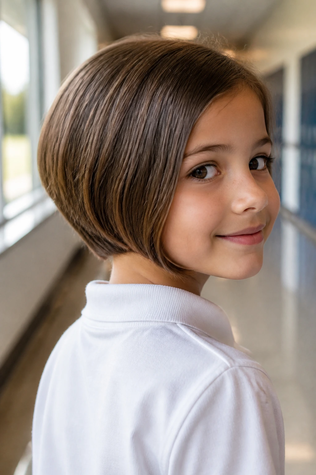 Close-up of a real child with tapered nape bob showing neat neck