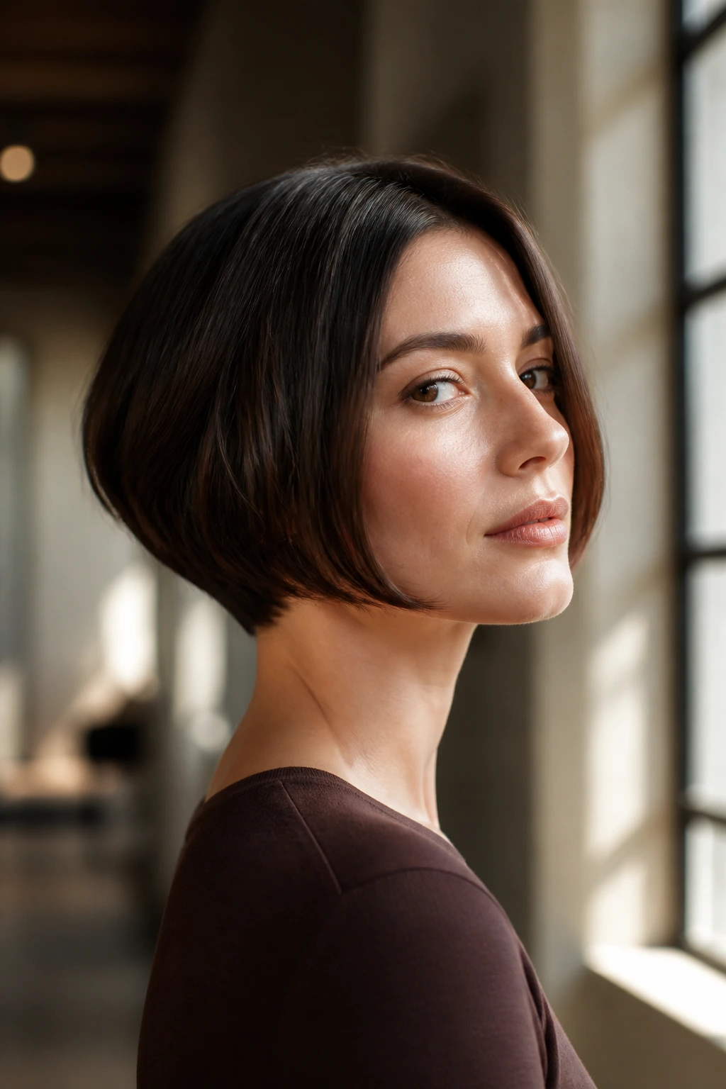 Close-up of a real woman with a tapered nape bob on a round face