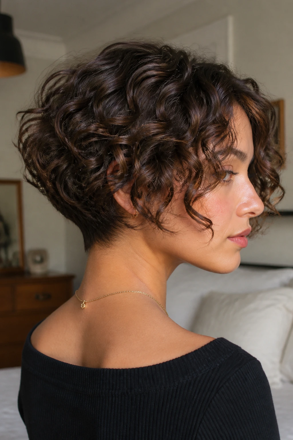 Close-up of a real woman with a tapered nape bob hairstyle in warm window light