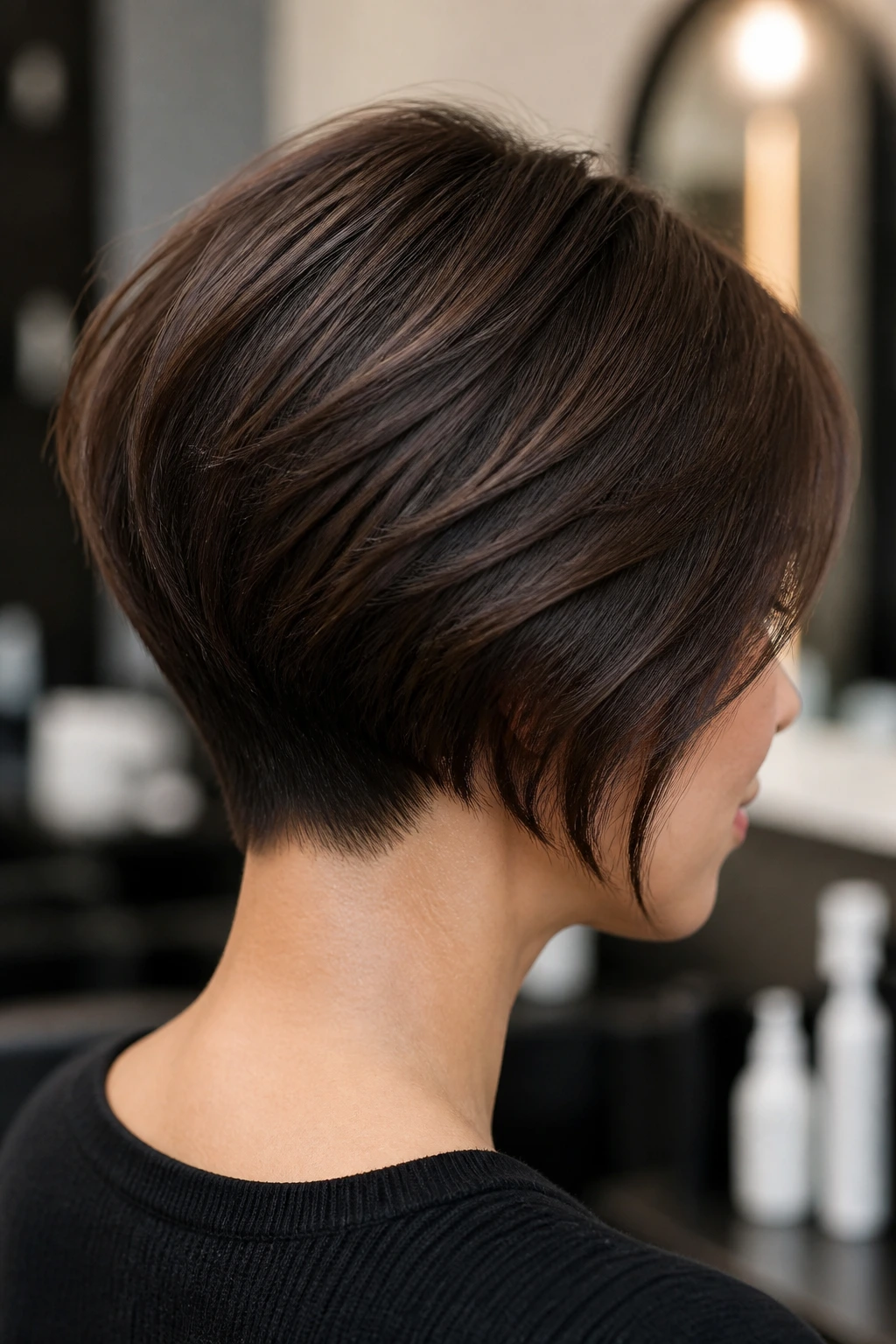 Close-up of real woman with tapered nape bob in chic salon