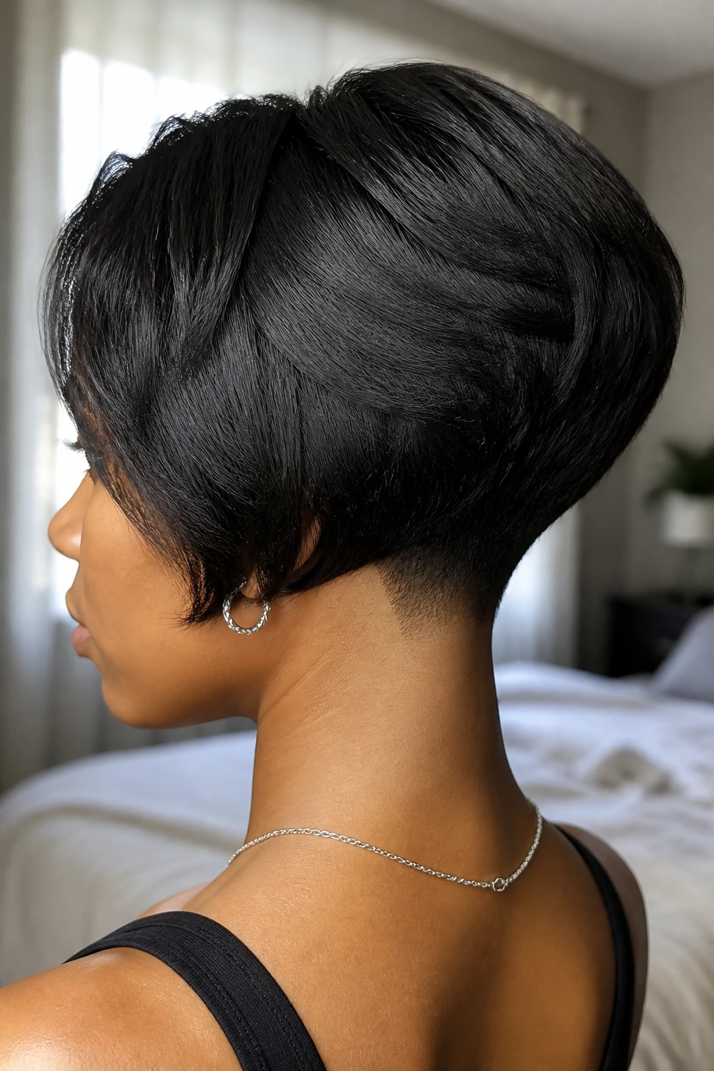 Close-up portrait of a real Black woman with a tapered nape bob, neat neck taper and voluminous crown in natural window light