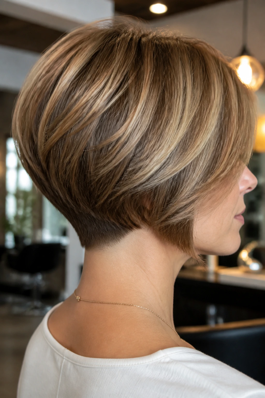 Real woman with tapered nape bob showing neck-hugging back.