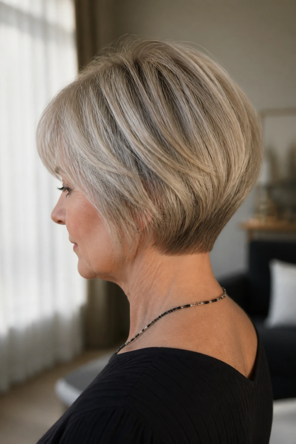 Close-up portrait of a real woman with a tapered nape bob; back neckline clean.
