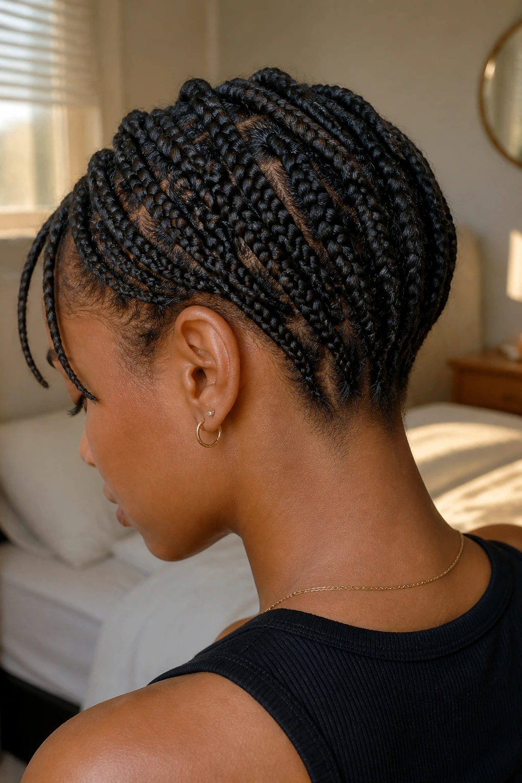 Close-up of a real woman with tapered nape box braids, hair fuller on top and tighter at the nape