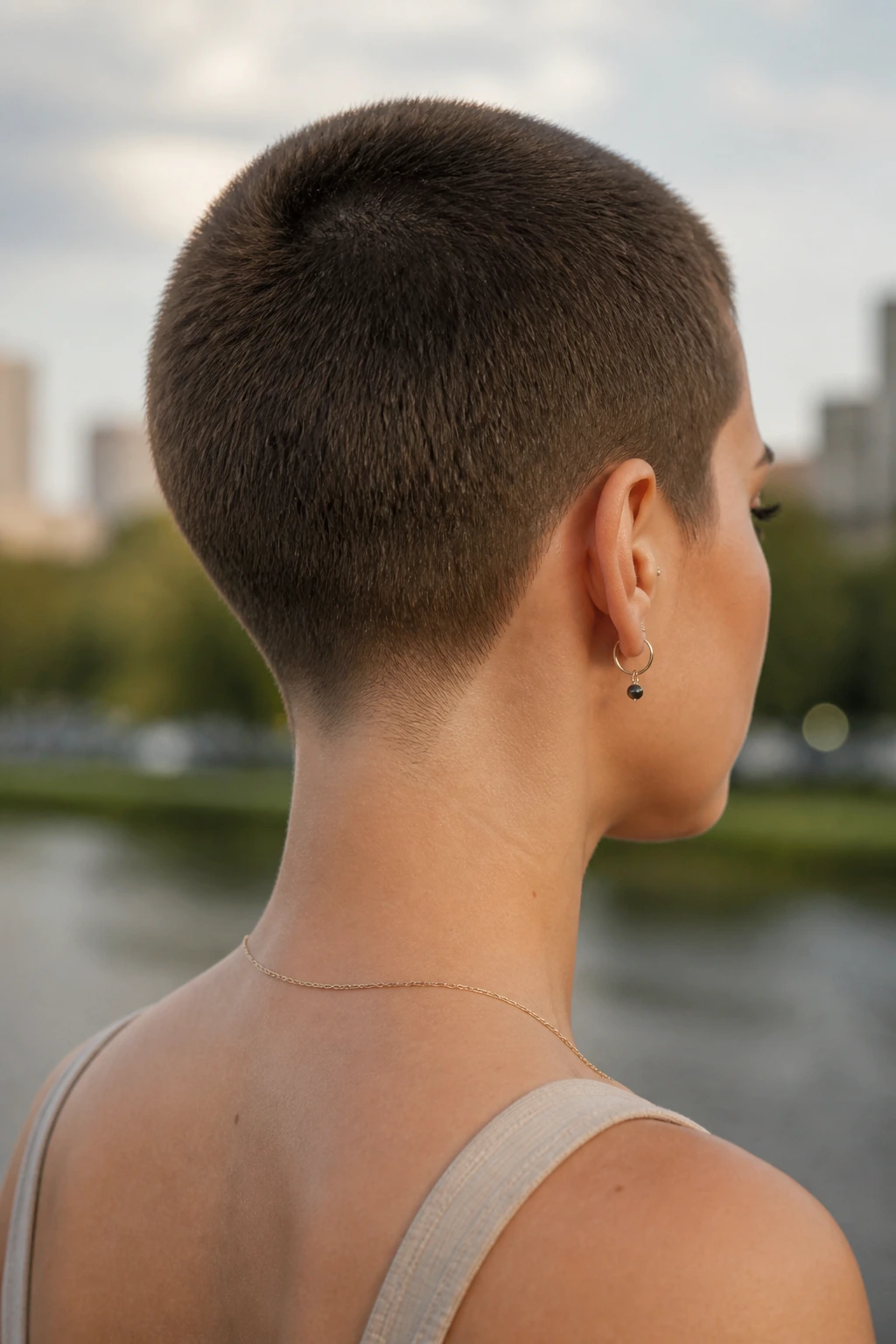 Close-up portrait of a real woman with a tapered nape buzz